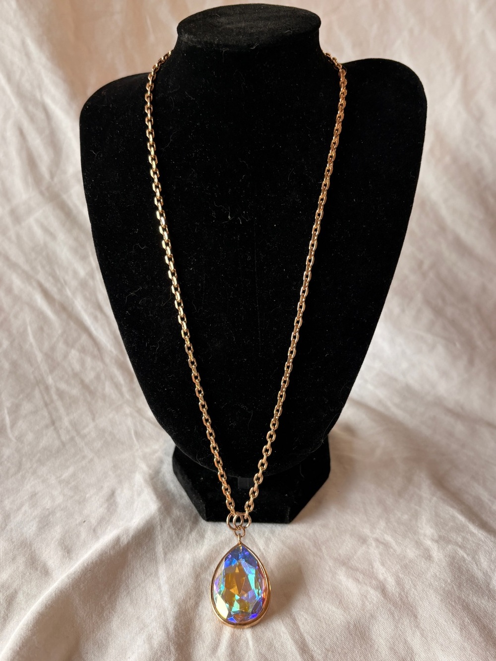 Gold Chain Necklace with Iridescent Teardrop Pendant - Women Jewelry